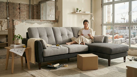 Woman planning furniture delivery timing with renovation schedule beside modern sectional sofa in Singapore apartment