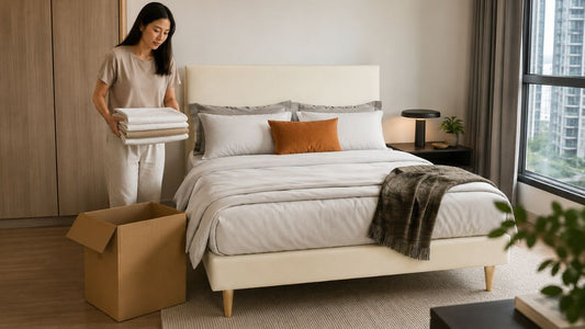 Cream upholstered bed in a modern Singapore bedroom with a wrapped mattress, moving straps, and a hand truck showing safe mattress transport preparation.