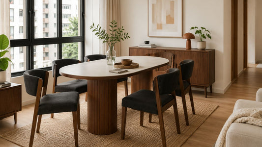 Oval wooden dining table and black upholstered chairs in a bright Singapore home, showing how to polish and refresh old furniture
