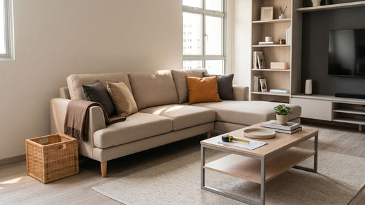 Modern sectional sofa in a Singapore living room with measuring tape and spec sheet, showing how to read furniture dimensions and specifications before buying.