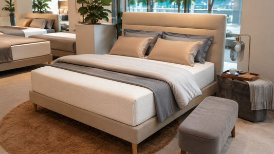 Beige upholstered mattress display set up for proper showroom testing in a modern Singapore furniture store