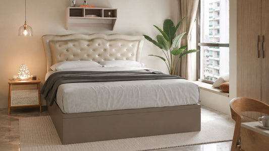 How to tighten a loose bed frame in a modern Singapore bedroom with a tufted beige bed frame