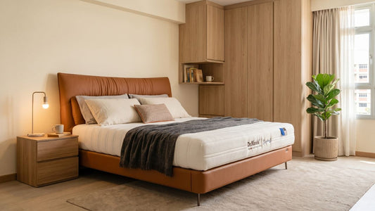 Hybrid mattress on a brown upholstered bed in a warm modern Singapore bedroom with wood wardrobe and bedside table