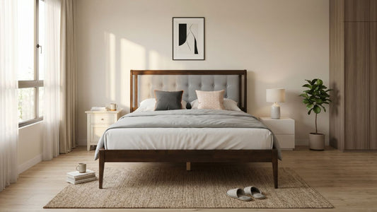 King bed frame in a larger Singapore master bedroom with upholstered headboard, dark wood frame, bedside tables, wardrobe and warm natural daylight