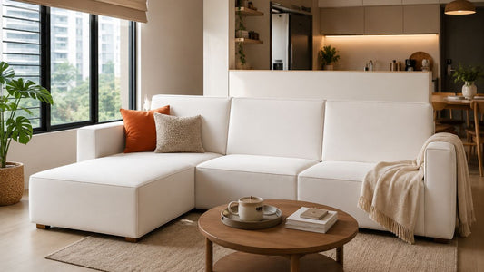 White L-shaped sofa with left chaise in a modern Singapore living room, showing a practical layout for left-hand, right-hand, and reversible sofa planning.