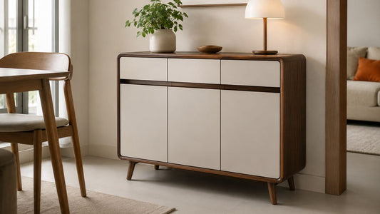Wood and cream laminate sideboard in a modern Singapore home showing practical custom carpentry material choices for everyday storage