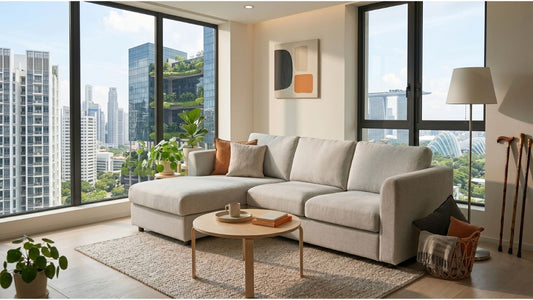 Large beige sofa arranged with rug and coffee table in a high-rise Singapore condo with city views