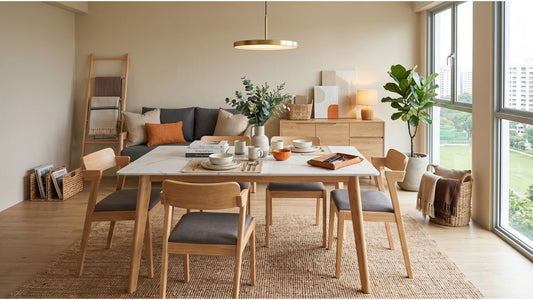 Large rectangular dining table with wooden chairs in a bright Singapore 4-bedroom condo living and dining space