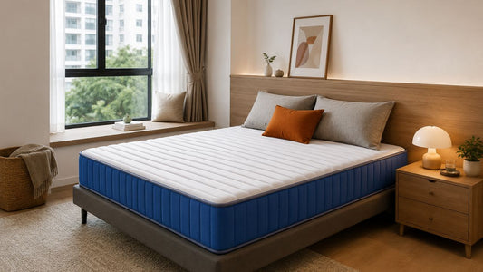 latex mattress in a modern singapore bedroom with warm wood tones and city view