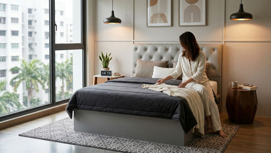 Modern textured bedroom interior with upholstered bed, knitted throw blanket, soft lighting and layered neutral decor creating a warm and considered space