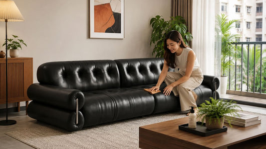 Woman gently cleaning a black leather sofa in a modern Singapore HDB living room for leather furniture care in a tropical climate.