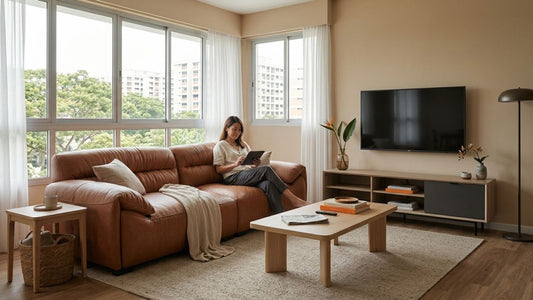 Modern brown leather sofa in a minimalist living room showcasing full-grain, top-grain, and bonded leather sofa collection comparison