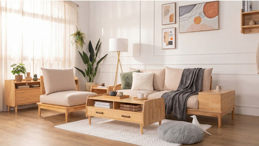 Light ash wood living room furniture with sofa, lounge chair, coffee table and side tables in a modern Singapore home