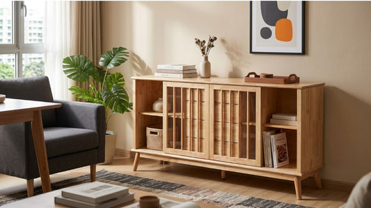 Light wood TV console with glass sliding doors in a modern Singapore living room beside a grey sofa