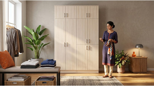 Light wood wardrobe in a warm modern Singapore bedroom with folded clothes, storage baskets, and practical bedroom organisation