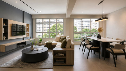 Living and dining set package in a modern Singapore HDB with sofa, TV console, coffee table and dining table