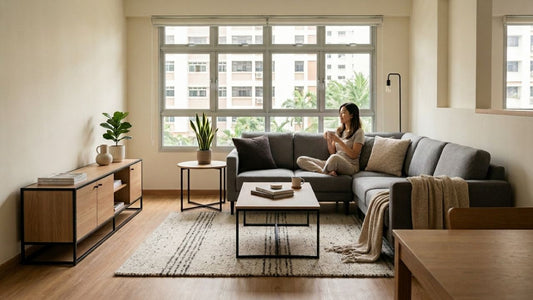 Modern minimalist living room with durable grey sectional sofa and wooden furniture designed for long-lasting sustainable home living
