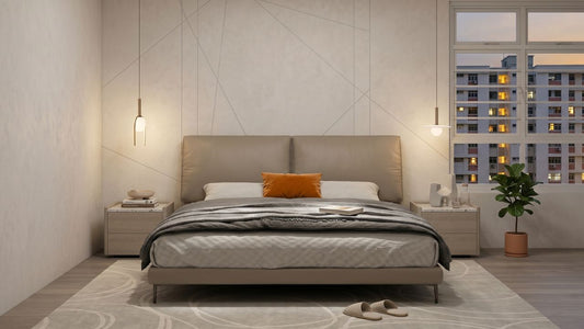 Low-profile platform bed frame with beige upholstered headboard in a minimalist Singapore HDB bedroom