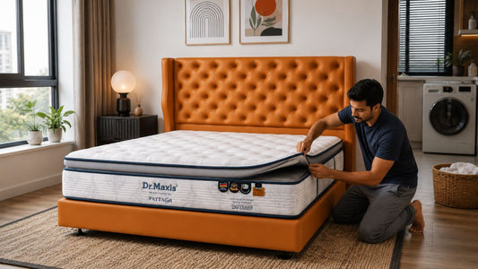 Male Indian Singaporean checking a removable cover mattress on a tan tufted bed frame in a modern Singapore bedroom