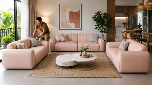 Male Malay Singaporean adjusting cushions on a blush pink sofa set in a modern Singapore home