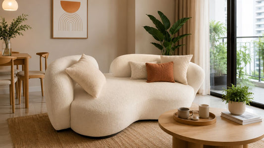 Matching sofa, loveseat, and armchair in a warm modern Singapore living room with cream upholstery, wood coffee table, and coordinated neutral styling