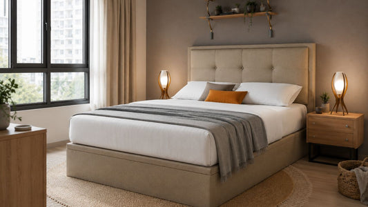 beige mattress and upholstered bed frame compatibility in a modern singapore bedroom