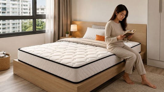 Woman sitting on the edge of a white quilted mattress in a modern Singapore bedroom showing mattress edge support