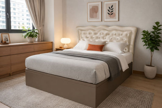 beige tufted storage bed in a compact singapore bedroom for mattress coil counts and gauge guide