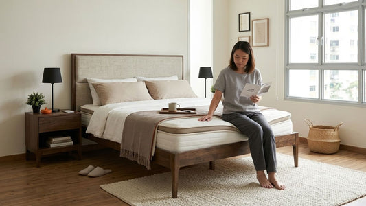 Couple testing a mattress during a trial period in a modern Singapore bedroom with natural lighting and wooden bed frame