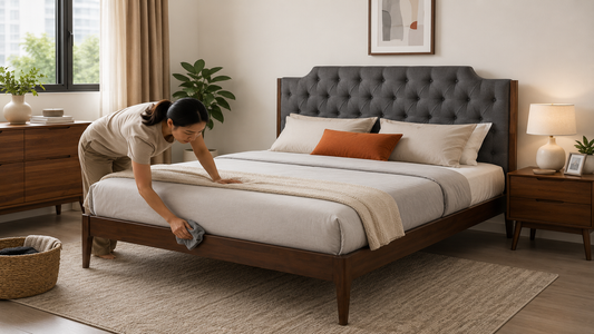 Woman cleaning a wooden bed frame with grey upholstered headboard in a modern Singapore bedroom with warm neutral styling and practical home setup.