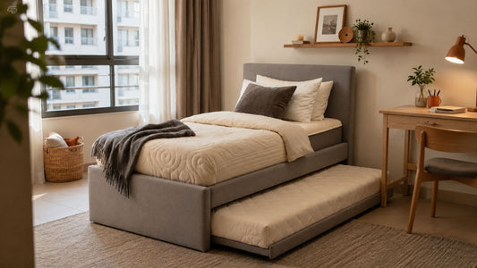 Modern Singapore bedroom with grey upholstered pull-out trundle bed in a warm HDB-style interior for a mattress buying mistakes blog article.