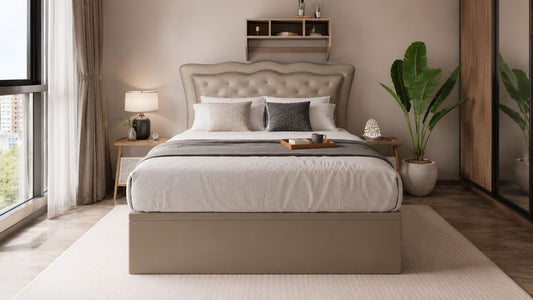 MaxiHome upholstered bed in a modern Singapore bedroom styled for couples choosing a mattress with different sleep preferences