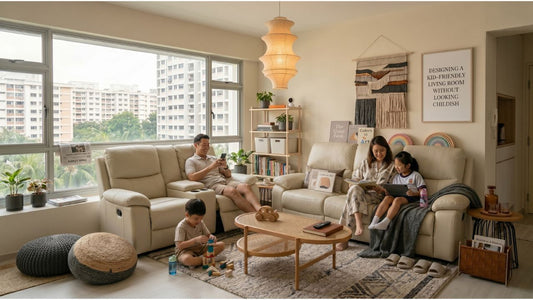 Kid-friendly Singapore HDB living room with MaxiHome cream recliner sofa set, soft rug, toy storage, and family seating.
