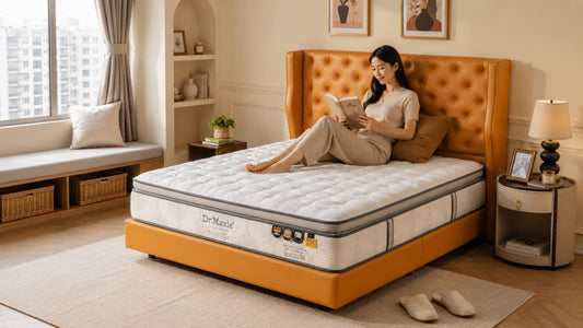 King size mattress with caramel tufted bed frame in a warm modern Singapore condo master bedroom with natural daylight and space-saving interior styling