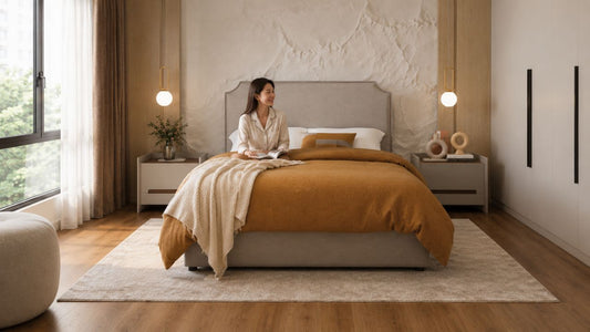 Modern Singapore condo bedroom with upholstered bed and warm mustard bedding in a realistic space-smart interior, showing a comfortable mattress setup during the first 30 days of mattress break-in.