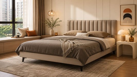 Modern upholstered bed frame in a warm Singapore apartment bedroom with window bench, rug, and practical bedside styling.