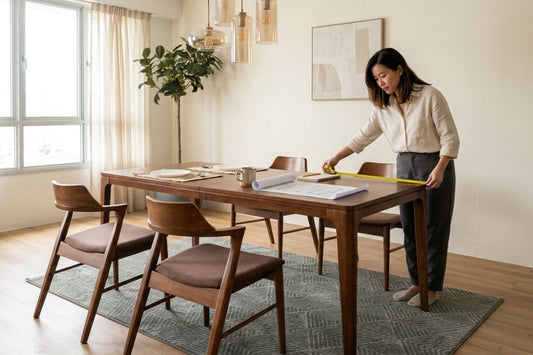 Woman measuring dining table placement in a modern Singapore apartment dining space before buying furniture