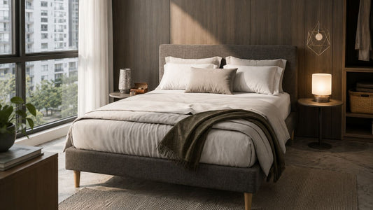 memory foam mattress in a modern singapore condo bedroom with neutral bedding and city view