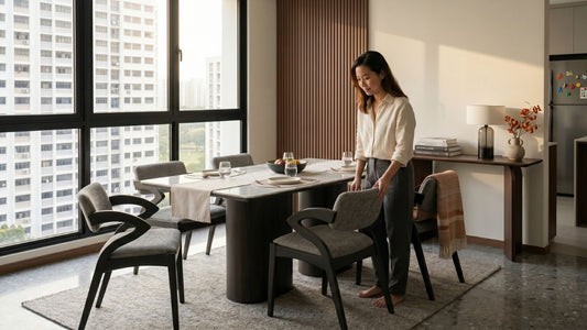 Metal dining chair collection with cushioned black-frame chairs around a marble dining table in a modern Singapore condo dining room