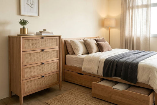 Modern wooden drawer storage bed frame with built-in underbed drawers in a cosy Singapore bedroom interior