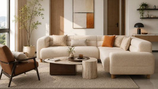Cream fabric sectional sofa with leather accent chair and mixed-material coffee table in a modern Singapore living room