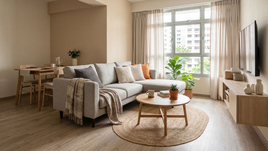 Modern 3-room HDB living and dining room with compact sofa, wooden dining table, TV console, and warm neutral furniture