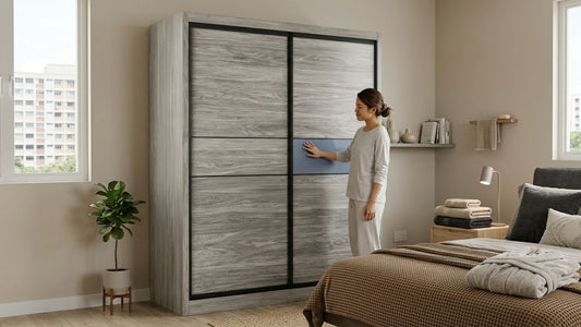 Modern bedroom wardrobe with neatly organised premium bath towels and linen storage in a minimalist contemporary interior