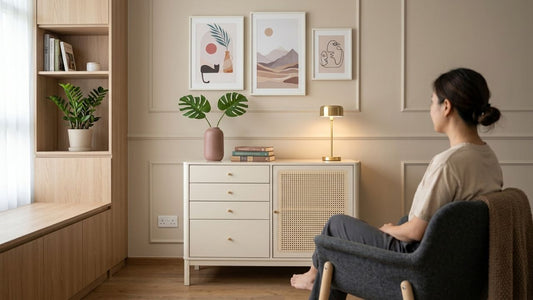 Modern cream sideboard and buffet cabinet collection styled in a minimalist living room with neutral decor, wall art, indoor plants, and warm natural lighting