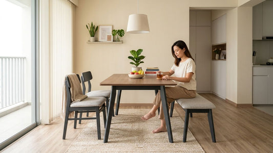 Modern dining set package with wooden table, upholstered bench seating, and matching chairs in a bright Singapore apartment dining room