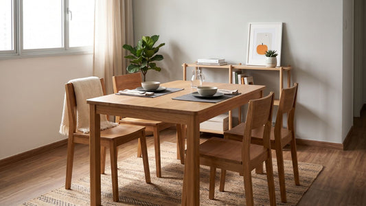 Modern dining set with upholstered chairs in a bright Singapore apartment, showing a higher-end furniture look with refined materials and contemporary styling