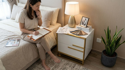 Modern white and gold bedside cabinet styling in a contemporary bedroom with elegant lighting and minimalist décor