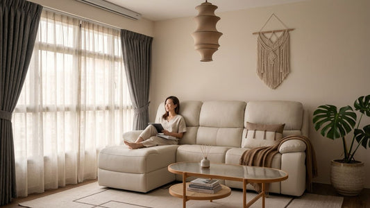 Modern living room with sheer curtains and blackout drapes for natural light control and privacy in a cosy contemporary apartment