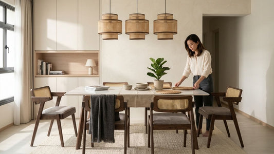 Modern Scandinavian dining room in Singapore with pendant lighting above rectangular dining table, showcasing ideal pendant light height and spacing for contemporary HDB interiors