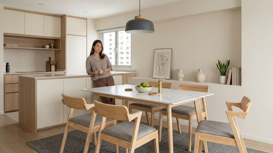 Modern Scandinavian dining table set in a bright Singapore HDB apartment with light wood chairs and minimalist interior design